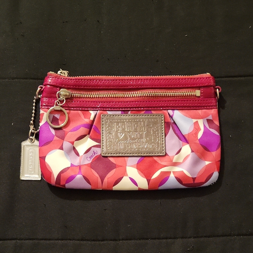 Coach Poppy Geometric Design Red, White, and Purple Patterned Wristlet